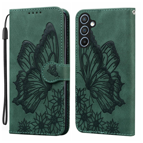 Samsung Galaxy A16 5G Retro Skin Feel Butterflies Embossing Horizontal Flip Leather Phone Case - Green